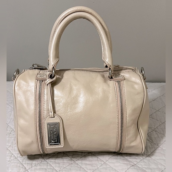 Badgely Mischa Vintage Crème Leather Boston Bag Satchel Expandable Snakeskin - Picture 4 of 10